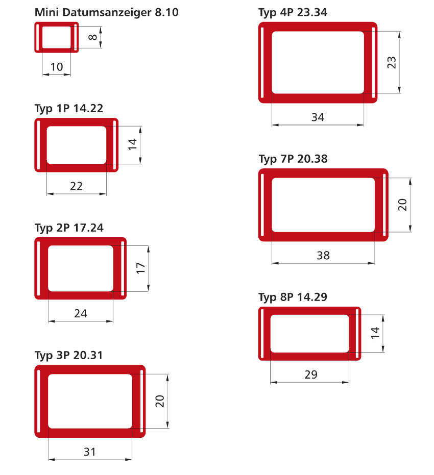 Typen der Kalenderfenster mit Abmessungen: Mini Datumsanzeiger 8.10 und Typen 1P bis 8P