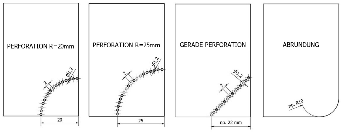 Standardwerkzeuge: Perforation R=20 mm, Perforation R=25 mm, gerade Perforation, Abrundung